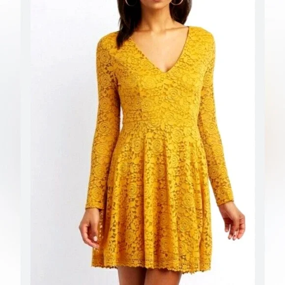 Charlotte Russe | Dresses | Charlotte Russe Floral Lace Overlay Dress Women  Xs Yellow Long Sleeve V Neck | Poshmark